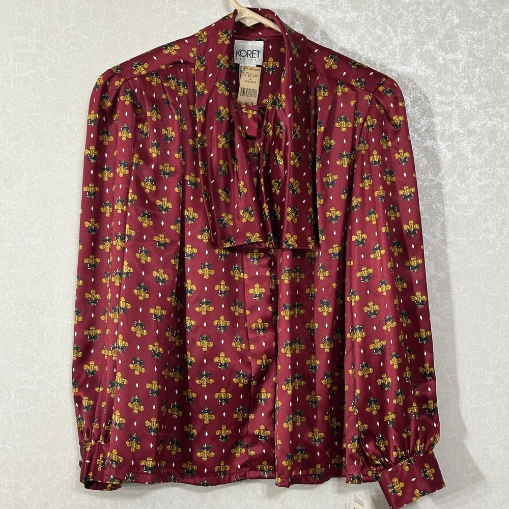 Koret Fleur-de-Lis Pussycat Bow Secretary Blouse Satin VTG NWT Burgundy 12P